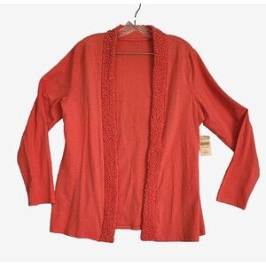 Coldwater Creek Cardigan Large Coaral Pink Open Front Ruched Trim NWT